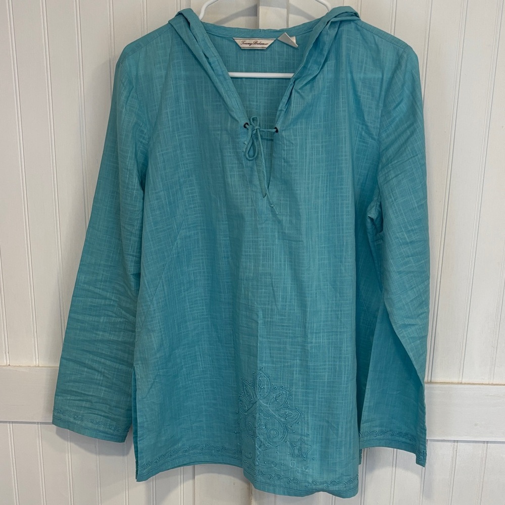 Tommy Bahama turquoise blue beach Hoodie with V- tie neck 100%cotton size L